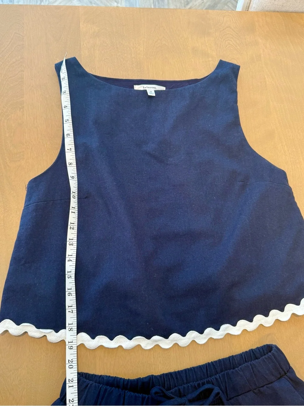 Lalavon Medium Navy Blue Linen Blend Scallop-Trim Sleeveless Top & Short Set